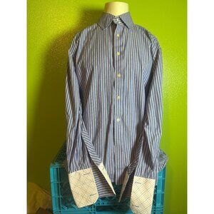 R&G Mens Blue Striped Button-Down Shirt With Multicolor Plaid Cuffs 100% Cotton